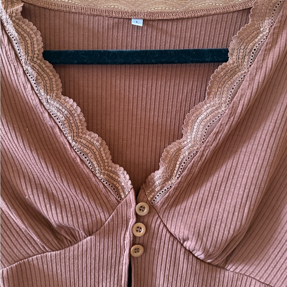 Brown Ribbed Long Sleeve Top - Picture 2 of 3